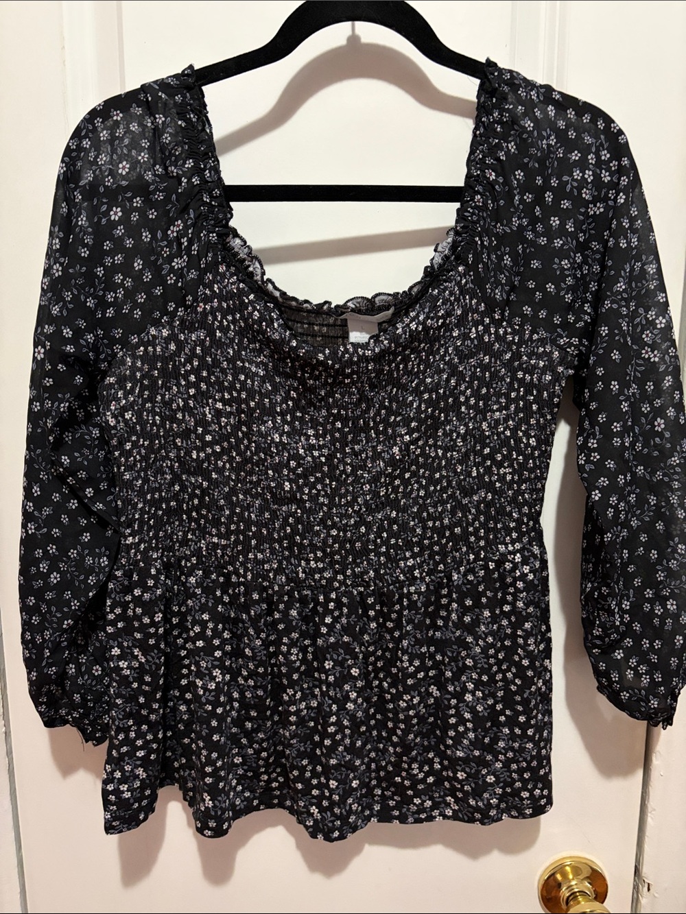 Design History Black Floral Smocked Peasant Blouse